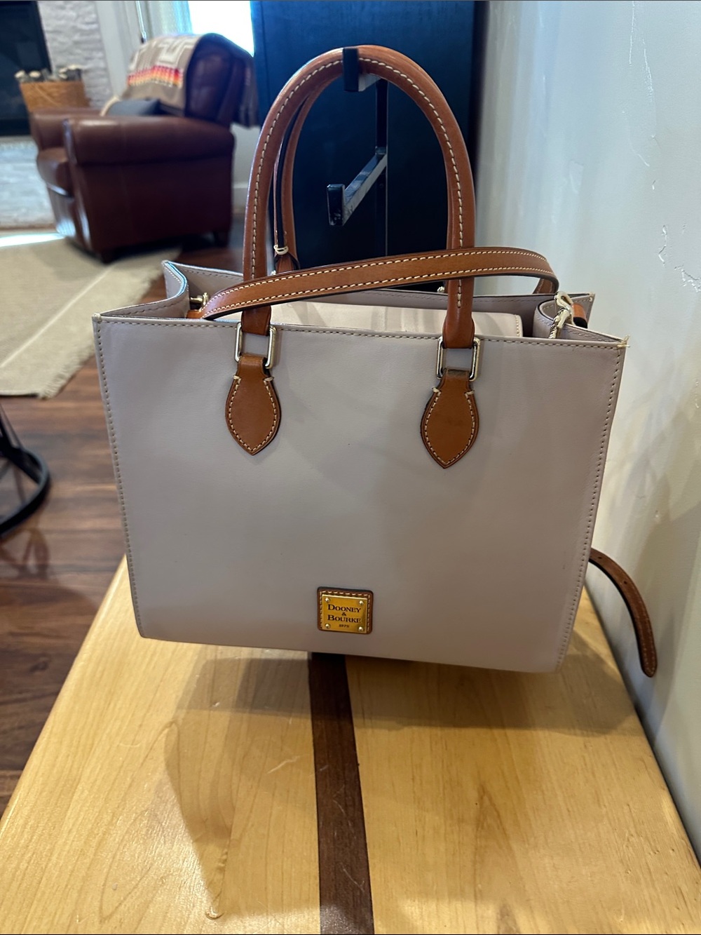 Dooney & Bourke Cream Satchel with Tan Leather Handles